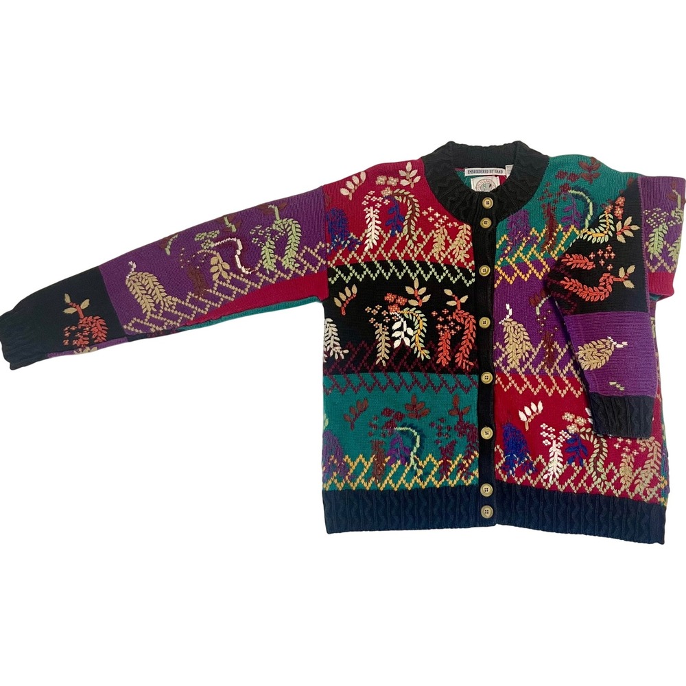 Vintage Cape Isle Knitters‎ Colorful Cardigan Sweater Hand Embroidered Women's S